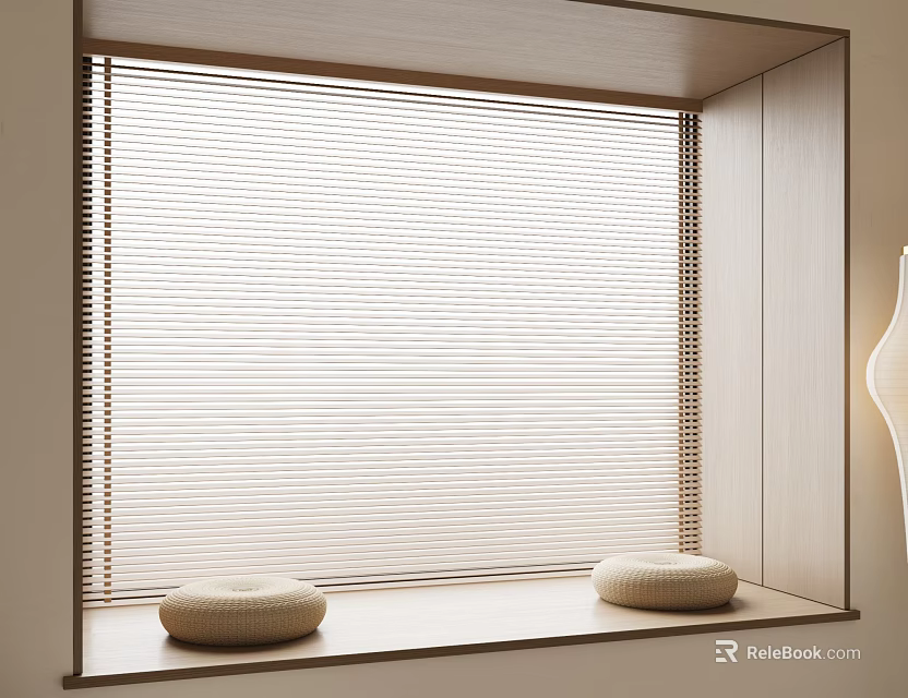 White Horizontal Window Blinds In Modern Room With Window Sill And Round Cushions 3d model 