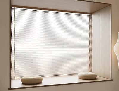 White Horizontal Window Blinds In Modern Room With Window Sill And Round Cushions 3d model