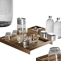 Wooden Tray With Glass Cups Ice Water Bottle And Metal Containers