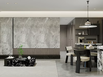 Modern Open Living And Dining Room Interior With Marble Wall Pendant Light And Dining Chairs 3d model