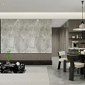 Modern Open Living And Dining Room Interior With Marble Wall Pendant Light And Dining Chairs