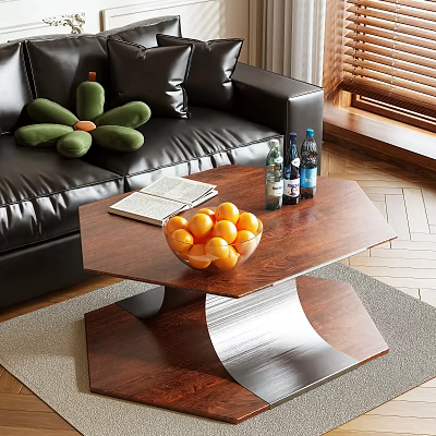 Wooden Coffee Table With Metal Base Bowl Of Oranges Open Book And Mineral Water Bottles 3d model