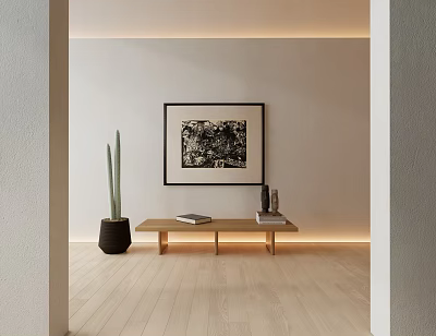 Minimalist Interior With Framed Art Wooden Bench And Cactus 3d model