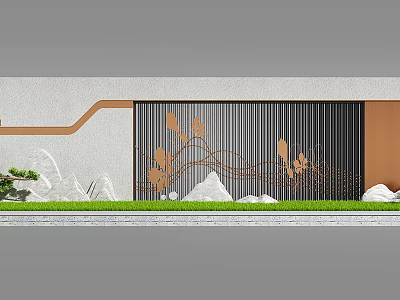 Modern Garden Wall With Vertical Metal Slats Leaf Patterns And Grass Lawn Rock Formations 3d model