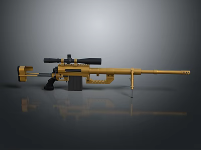 Golden Sniper Rifle with Scope Long Barrel Bipod on Gray Background with Reflection 3d model