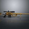 Golden Sniper Rifle with Scope Long Barrel Bipod on Gray Background with Reflection