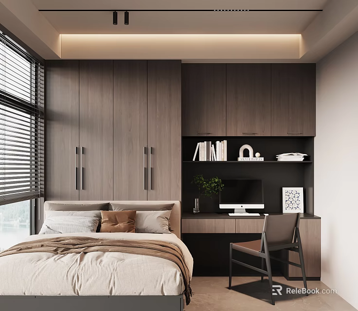 Modern Tatami Bedroom Interior With Wooden Cabinets Desk Chair And Window Blinds 3d model 