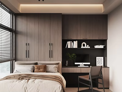 Modern Tatami Bedroom Interior With Wooden Cabinets Desk Chair And Window Blinds 3d model