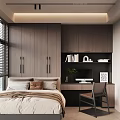 Modern Tatami Bedroom Interior With Wooden Cabinets Desk Chair And Window Blinds