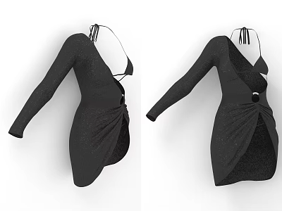 Chic Black Halter Neck Dress With Long Sleeves Ruched Waist And Button Detail Design 3d model