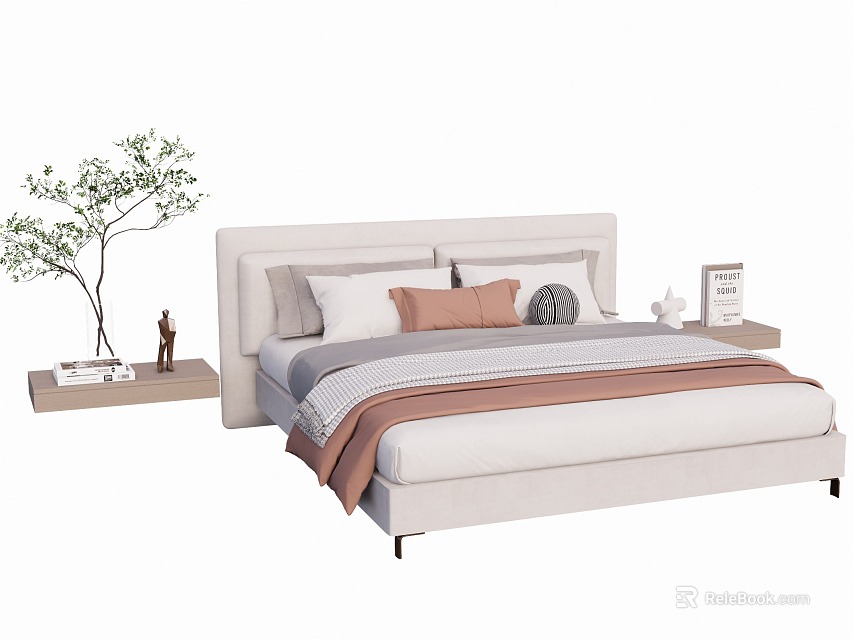 Modern Double Bed Design With Light Headboard Pillows Bedding Nightstands And Potted Plant 3d model 