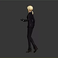 Blonde Haired Character In Black Suit With Red Shoes And Outstretched Hands On Gray Background
