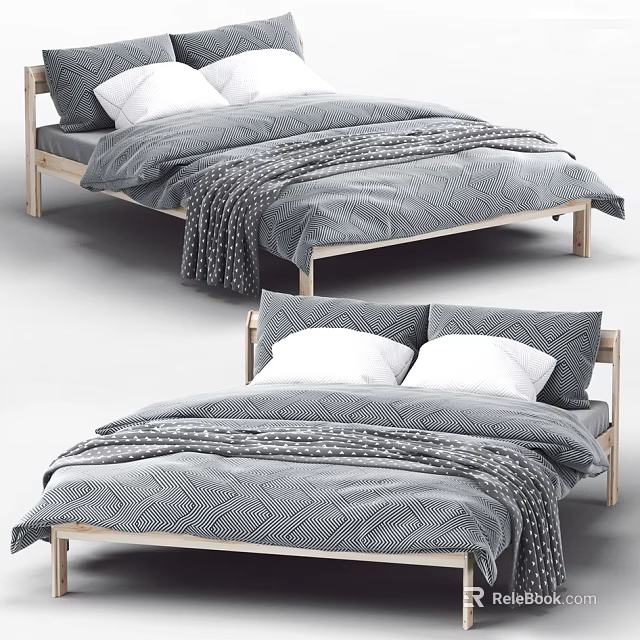 Double Bed With Wooden Frame Gray Bedding Pillows And Patterned Comforters 3d model