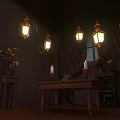 Cozy Kids Room Interior With Brown Curtains Lattice Window Lantern Lights Candle And Potted Plant