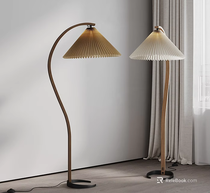 Two Modern Floor Lamps With Pleated Shades And Wooden Metal Stands 3d model 