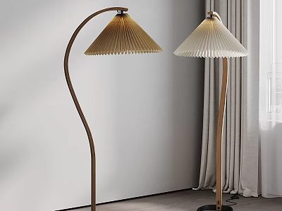 Two Modern Floor Lamps With Pleated Shades And Wooden Metal Stands 3d model