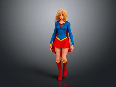 Blonde Superhero Female Character Standing In Blue Top Red Skirt Red Boots With Yellow Emblem 3d model