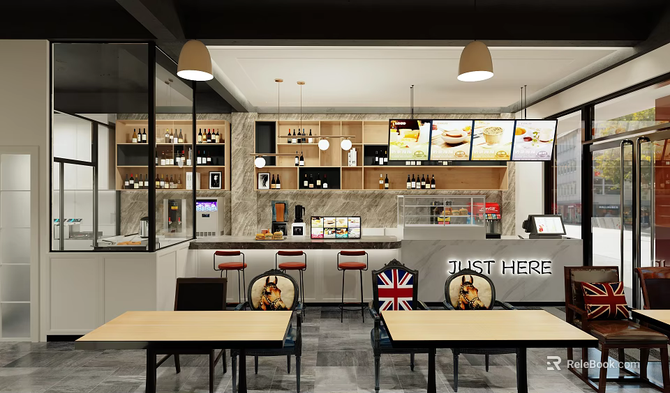 Modern Restaurant Interior With Open Kitchen Dining Tables Pendant Lights And Menu Screens 3d model 