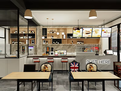 Modern Restaurant Interior With Open Kitchen Dining Tables Pendant Lights And Menu Screens 3d model