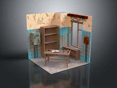 Cartoon Scene of Vintage Interior With Wooden Bookshelf Table Window And Distressed Blue Walls 3d model