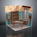 Cartoon Scene of Vintage Interior With Wooden Bookshelf Table Window And Distressed Blue Walls