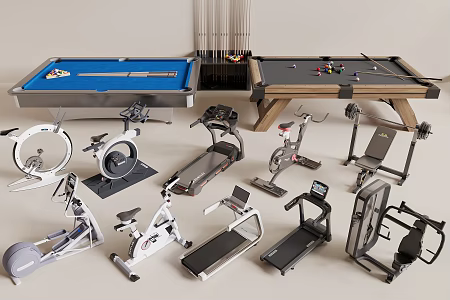 Modern Sports Equipment Fitness Equipment Treadmill Billiard Table Billiard Cue Power Bike 3d model