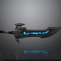 Fantasy Sword With Silver Metal Ornate Hilt Red Handle And Blue Glowing Runes