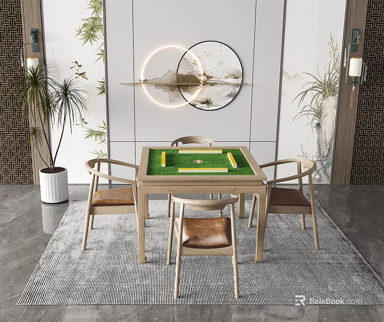 Modern Entertainment Table Mahjong Gaming With Wooden Chairs Potted Plants Round Decorative Painting Interior 3d model 