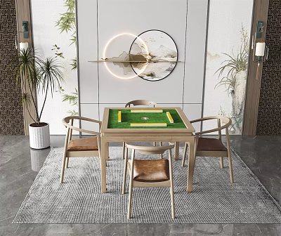 Modern Entertainment Table Mahjong Gaming With Wooden Chairs Potted Plants Round Decorative Painting Interior 3d model