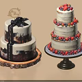 Two Decorative Cakes With Black Bow Layered Fruit Toppings On Wooden And Black Trays