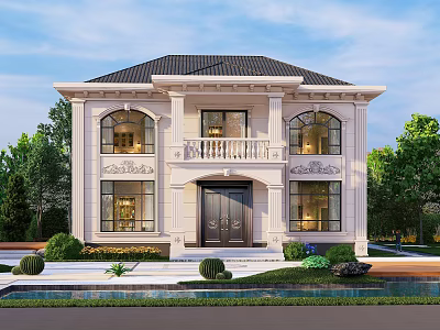 Two Story Detached Villa With Classic Exterior Design Ornate Windows And Front Porch Surrounded By Greenery 3d model