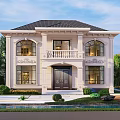 Two Story Detached Villa With Classic Exterior Design Ornate Windows And Front Porch Surrounded By Greenery