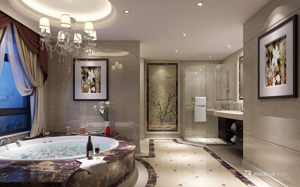 Luxurious Large Bathroom Interior Featuring Jacuzzi Tub Crystal Chandelier And High Quality Marble Tile Decoration 3d model 