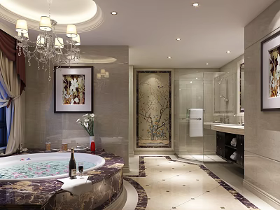 Luxurious Large Bathroom Interior Featuring Jacuzzi Tub Crystal Chandelier And High Quality Marble Tile Decoration 3d model