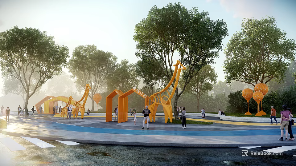 Park Landscape With Giraffe Shaped Play Structures Lush Trees And People Activity Area 3d model 