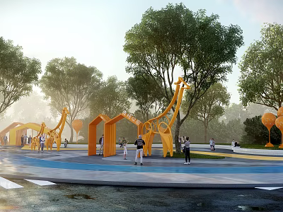Park Landscape With Giraffe Shaped Play Structures Lush Trees And People Activity Area 3d model