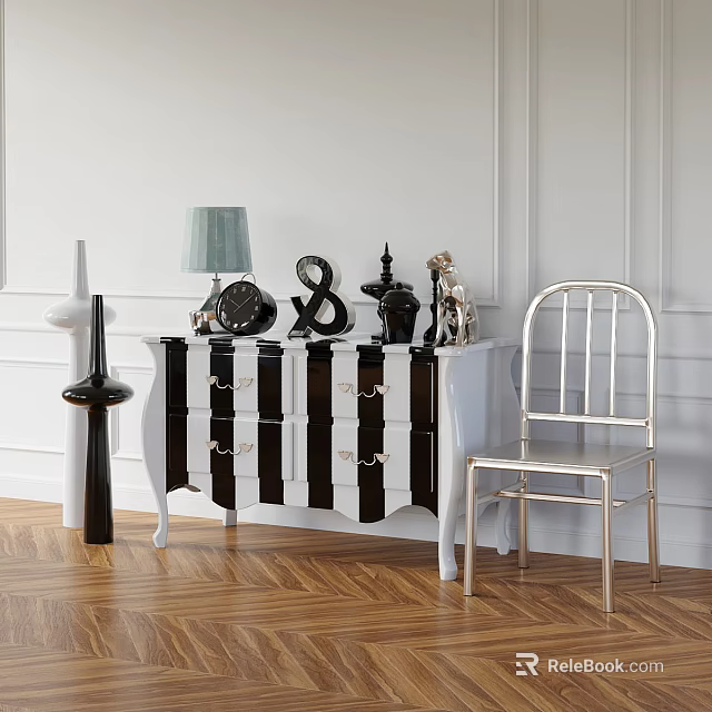 Elegant Black And White Striped Dresser With Decor Items Lamp And Chair On Wooden Floor 3d model 
