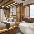 Japanese Style Hotel Guest Room With Tatami Bed Bathtub And Scenic View