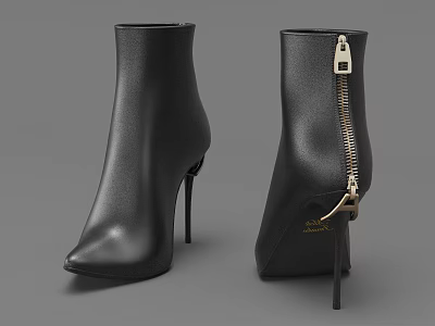 Black Leather Ankle Boots With Stiletto Heels Pointed Toes And Zipper Closure 3d model