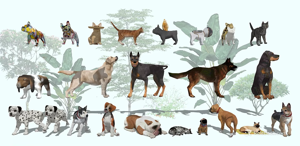 Various Reptile Species in Detailed Illustrations with Natural Green Plant Backgrounds 3d model 