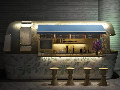 Vintage Bus Themed Café With Blue Awning Bar Counter Wooden Stools And Green Plants 3d model