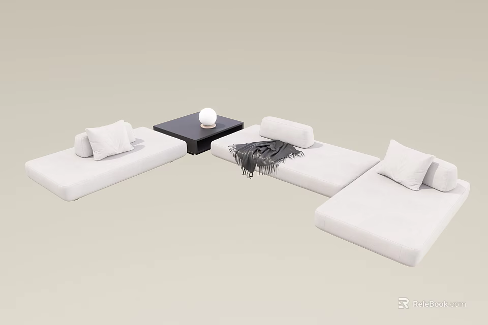 White Modular Sectional Sofa With Cushions Throw Blanket And Black Coffee Table 3d model