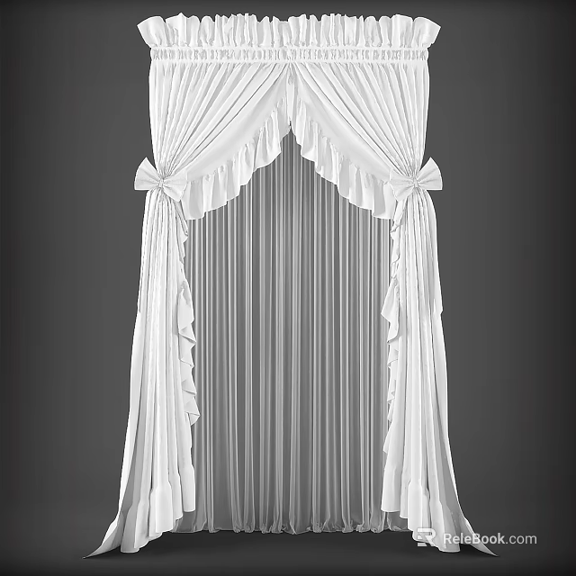 Elegant White Curtain With Ruffled Design Bowknots And Sheer Panels 3d model 