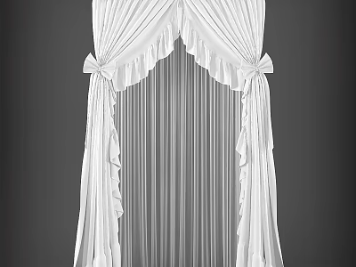 Elegant White Curtain With Ruffled Design Bowknots And Sheer Panels 3d model