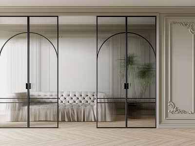 Modern Glass Room Divider With Black Frame Arched Design And Sofa Plant In Decorative Interior 3d model