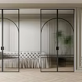 Modern Glass Room Divider With Black Frame Arched Design And Sofa Plant In Decorative Interior