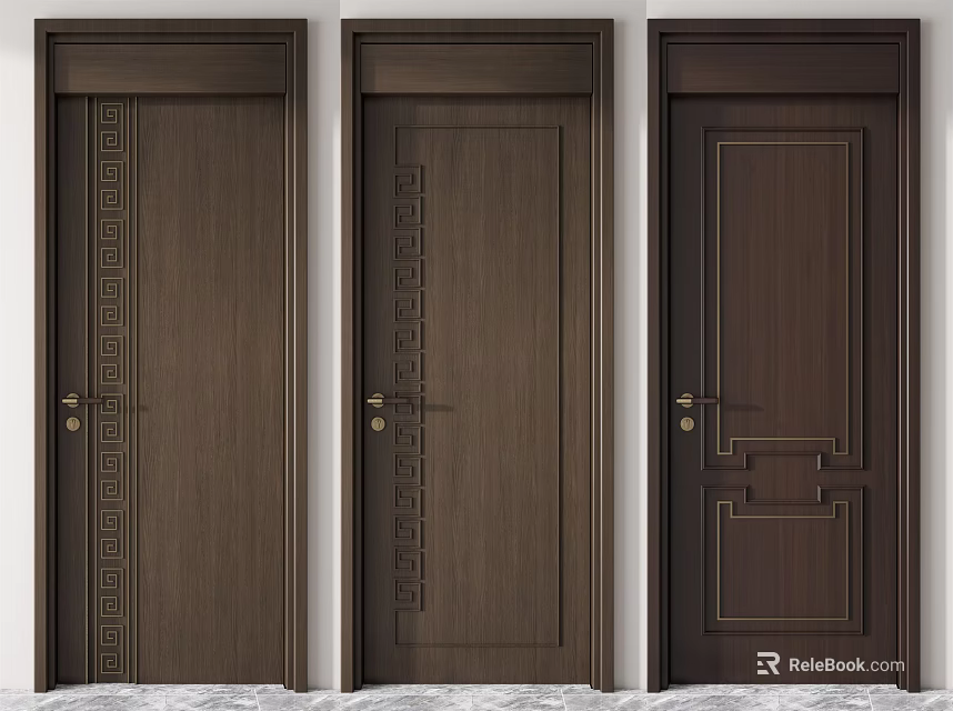 Dark Brown Wooden Flush Doors With Various Decorative Patterns And Frames 3d model