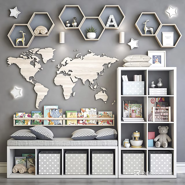 Kids Room Decorative Cabinet With Wooden World Map Hexagon Shelves Books And Teddy Bear 3d model 