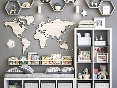 Kids Room Decorative Cabinet With Wooden World Map Hexagon Shelves Books And Teddy Bear 3d model
