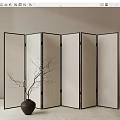 Minimalist Foldable Room Divider With Linen Panels Black Frame And Vase With Branch